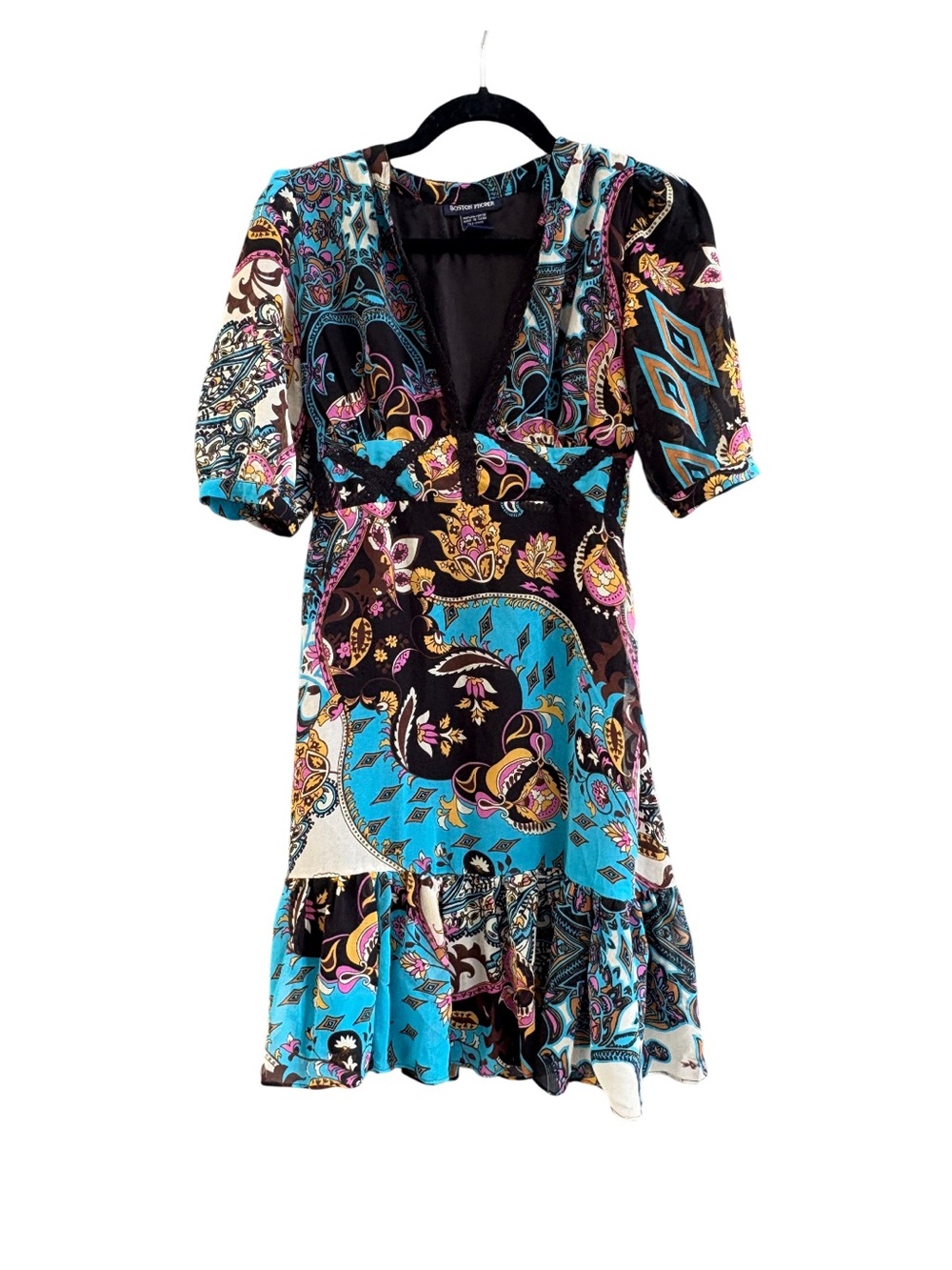 Boston Proper Black & Turquoise Paisley V-Neck Short Sleeve Dress